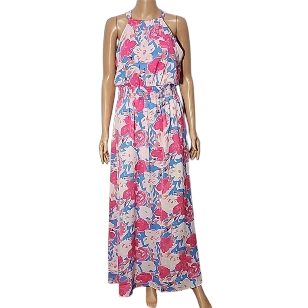 Magnolia Boutique Floral Pink and‎ Blue Women's Maxi Dress Size L Large